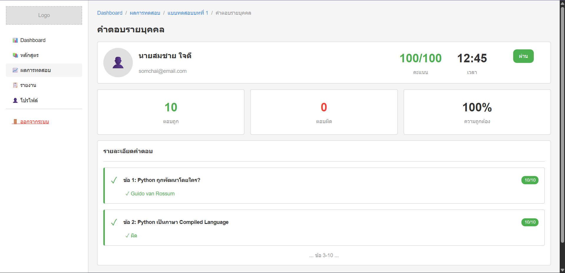 Individual Quiz Result