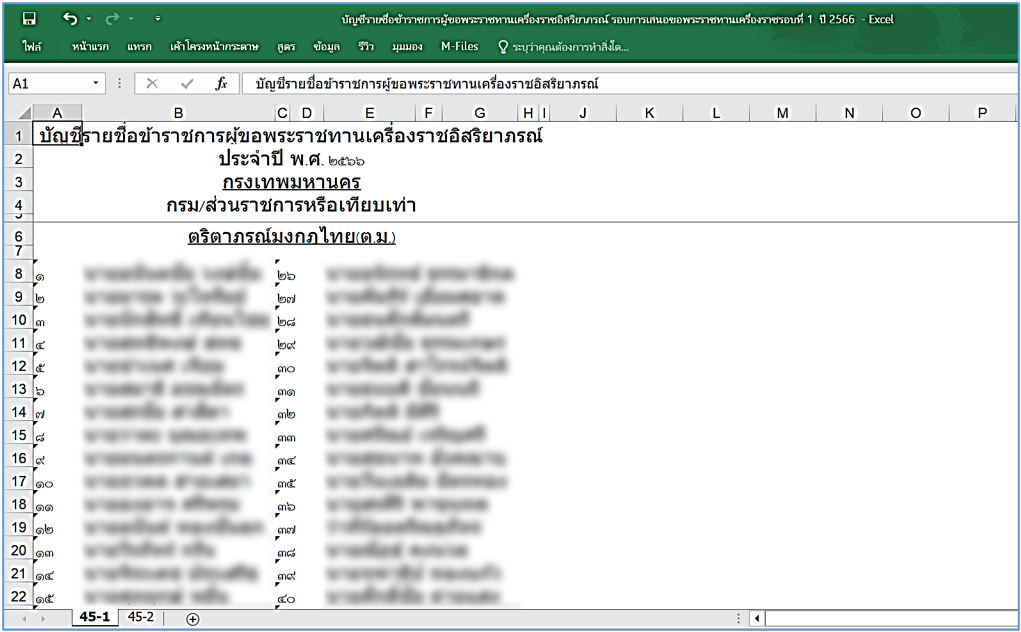 รูปภาพที่ 14 - 38 ตัวอย่างรายงานบัญชีรายชื่อข้าราชการผู้ขอพระราชทานเครื่องราชฯ xlsx